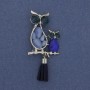 Brooch Pendant Owl Cat's Eye Stone with Crystals Silvered Metal, diameter 24mm+-, length 50mm+-