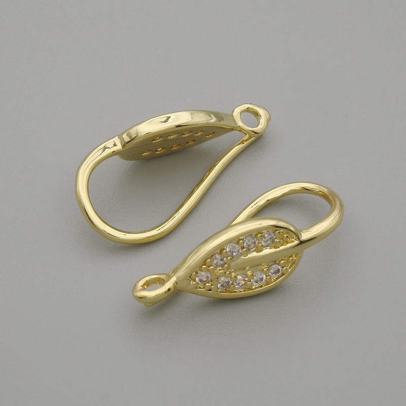 Earrings posts Leaf white crystals gold-tone metal 19x6mm+- pair