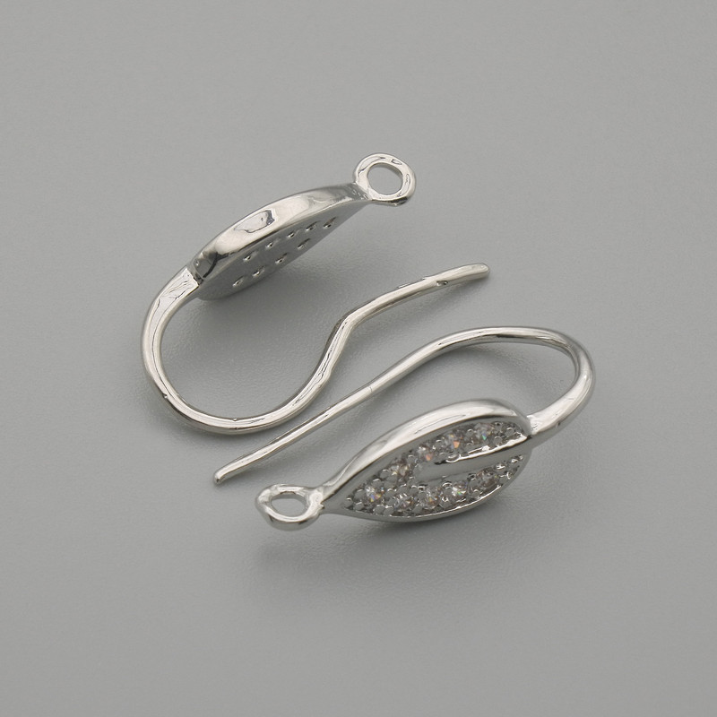 Earring Posts 'Leaf' in Silver-Tone Metal with White Crystals 19×6 mm ± pair