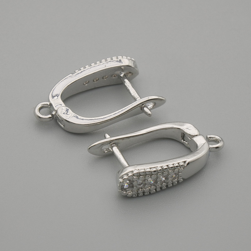 Earring posts with white crystals, silver metal, 15×4 mm ±, pair