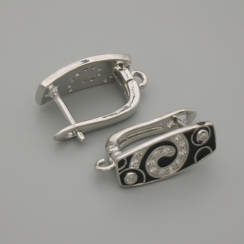 Earrings Finding Posts with White Crystals, Black Enamel, Silver Metal 16x7mm ± Pair