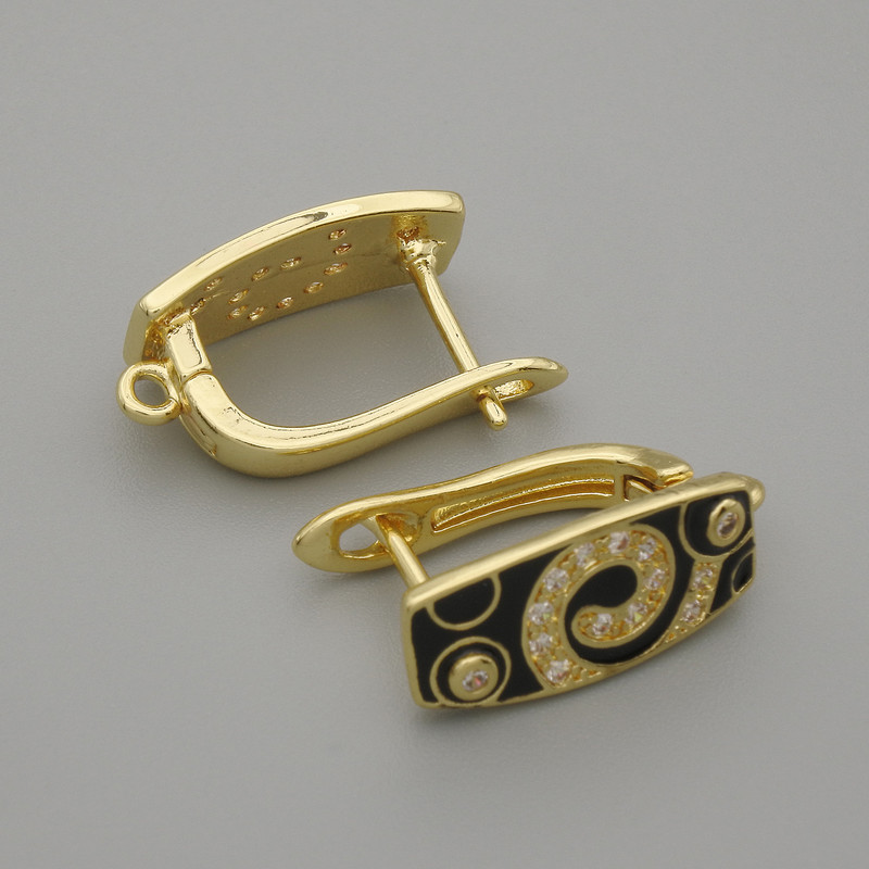 Earring posts with white rhinestones, black enamel, golden metal 16×7 mm ± pair