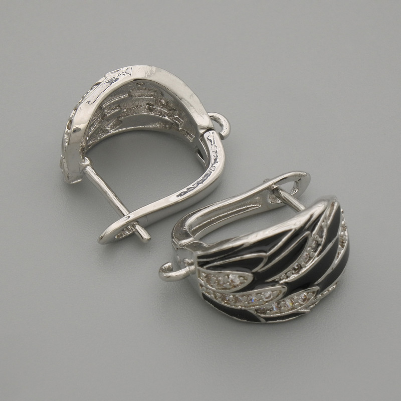 Earring posts for earrings, white crystals, black enamel, silver-tone metal, 15×9.5 mm ± pair