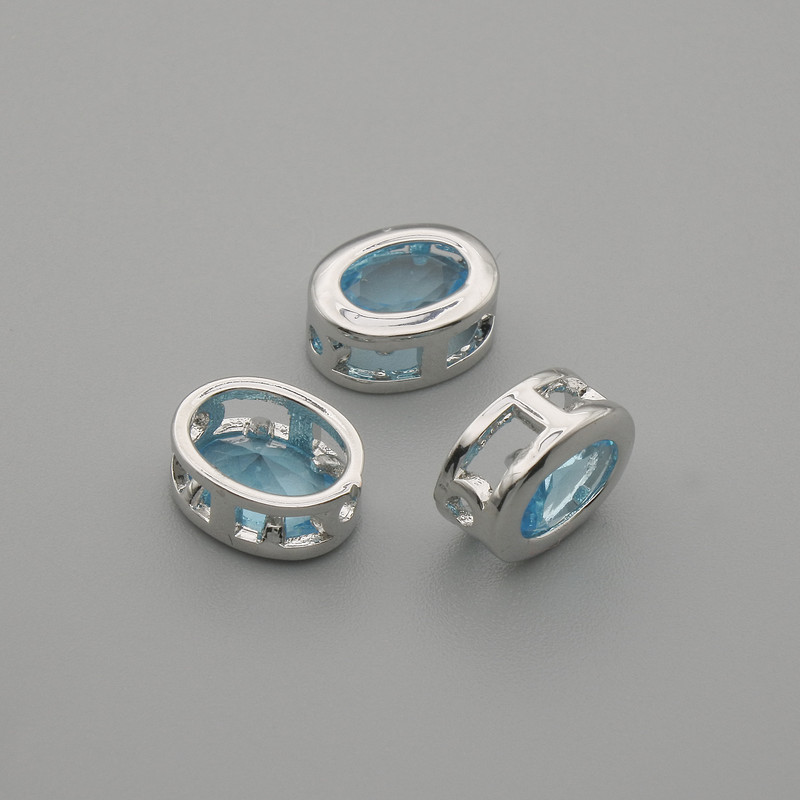 Bead bead insert blue crystal color metal silver oval, diameter 9x7mm± hole diameter 1.3mm± per 1pc +