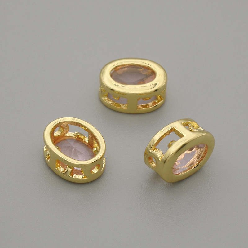 Bead finding insert pink crystal in gold metal oval, diameter 9×7mm± hole diameter 1.3mm± per 1pc