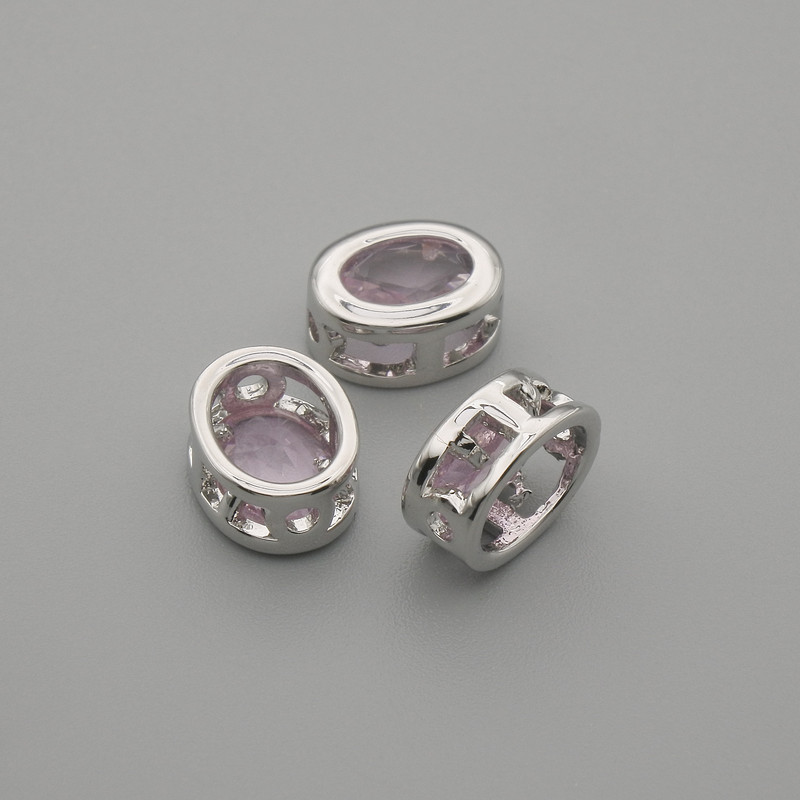 Bead Insert Pendant Pink Crystal, Silver Metal, Oval 9×7mm± Hole Ø 1.3mm± per 1 piece