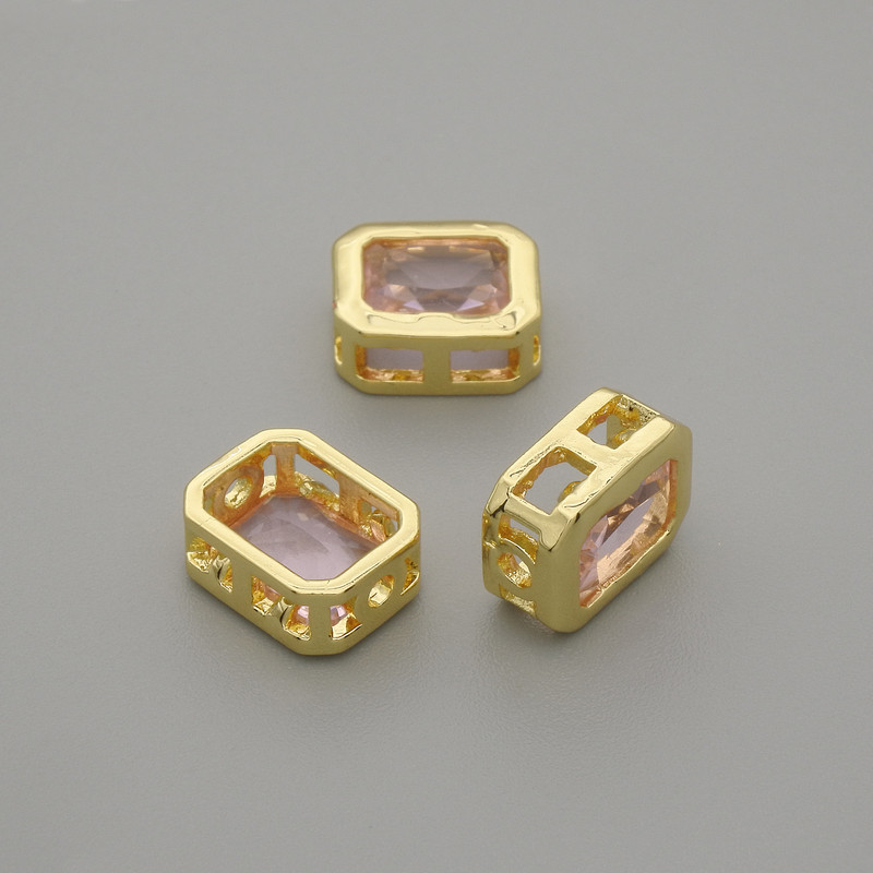 Bead end insert with pink crystal, metal colour gold, diameter 9×7mm± hole diameter ~1.3mm, per piece