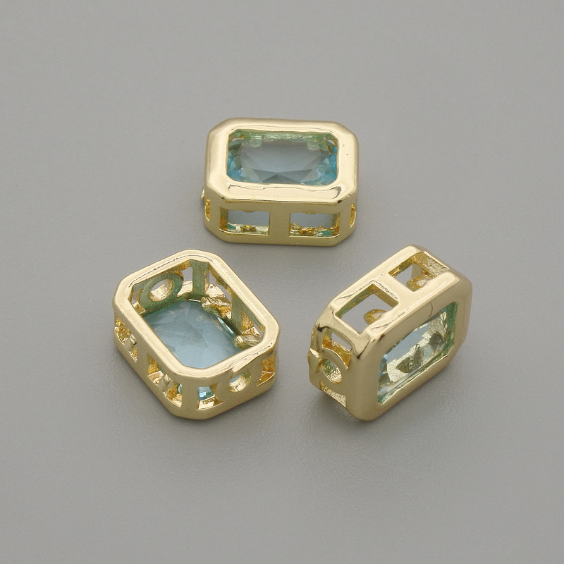 Bead Insertion with Blue Crystal, Gold Tone Metal, 9×7mm± hole 1.3mm±, per 1 piece