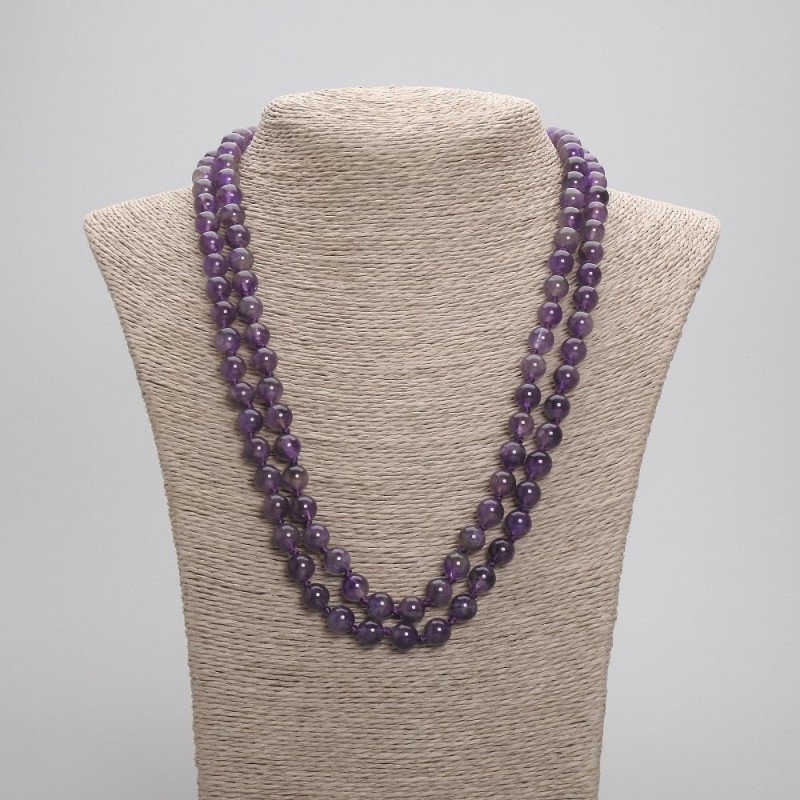 Long Amethyst Necklace, smooth round beads 8mm diameter, length 114cm ±