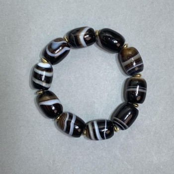 Agate Barrel Bead Bracelet with Metal Inlays, 18 cm Stretch