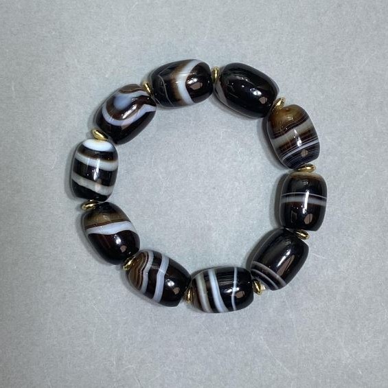 Agate Barrel Bead Bracelet with Metal Inlays, 18 cm Stretch