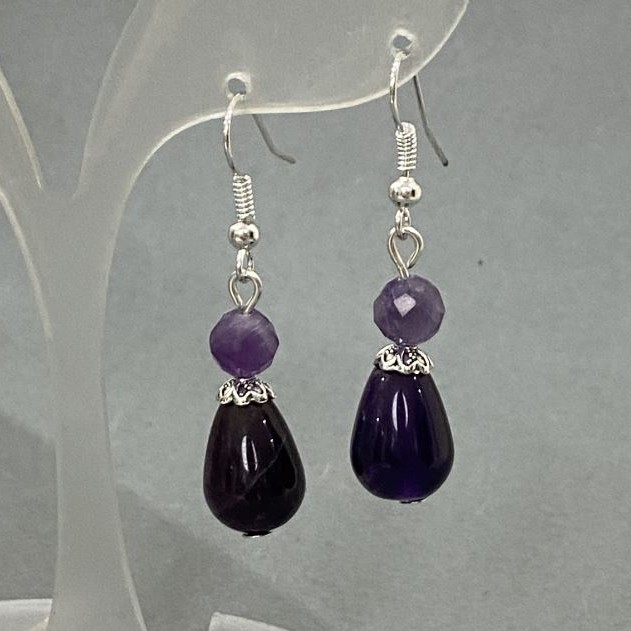 Amethyst Drop Earrings 15×10mm+- Faceted Round Bead 6mm+-, Length 40mm+-