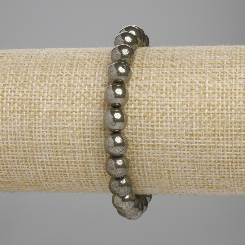 Pyrite Bracelet Smooth Beads, 8mm diameter ±, 18cm length ±, Stretch