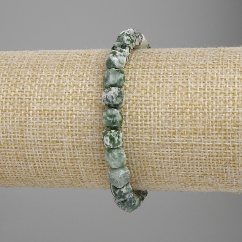 Moss Agate Beaded Cube Bracelet, 7x7mm, stretchy, 18cm long