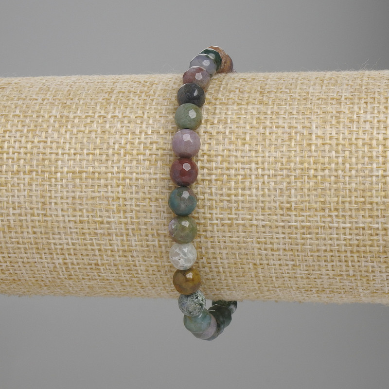 Bracelet Moss Agate Faceted Round Bead, 6mm diameter ±, length 18cm ± stretch