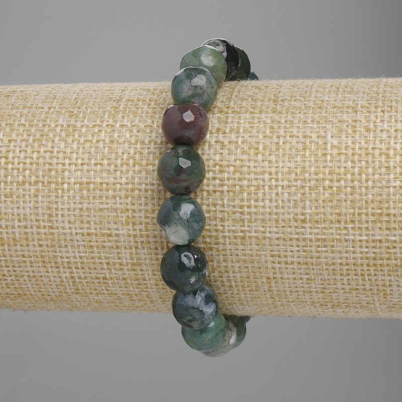 Clearance! Moss Agate Bead Bracelet, faceted ball, 10mm diameter, length 18cm, stretch
