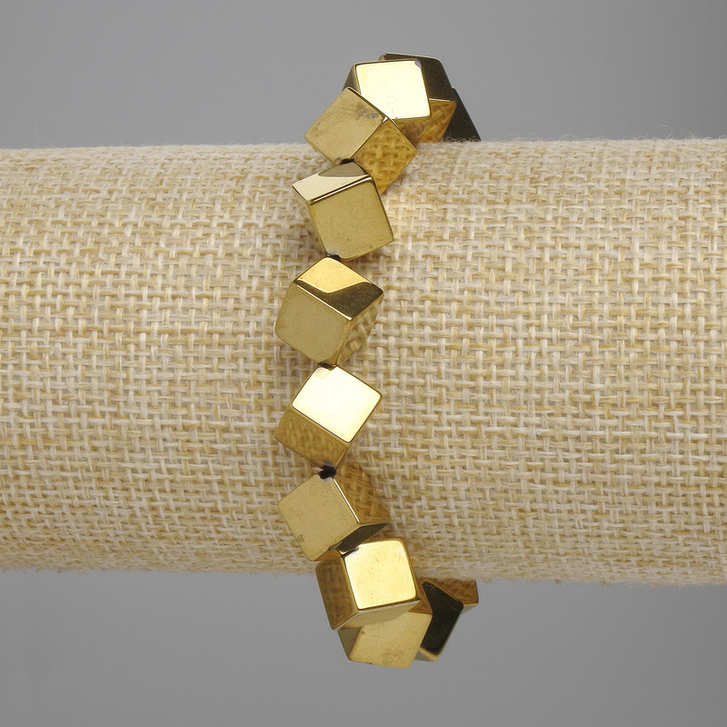 Bracelet Hematite Cube with Transverse Hole 8x8mm+- colour golden, length 18cm+- stretch