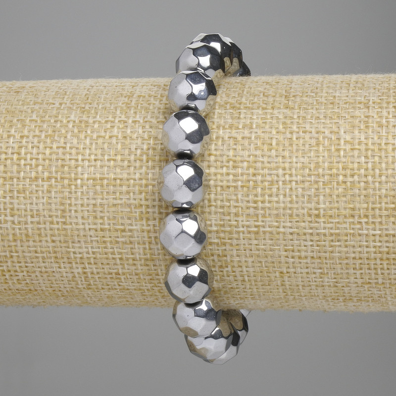 Hematite Bead Bracelet - Faceted 10mm, Silver Colour, 18cm Stretch