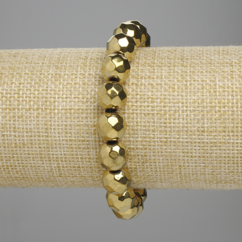Bracelet Hematite Faceted Bead 10mm+ Gold Colour, 18cm+ Stretch