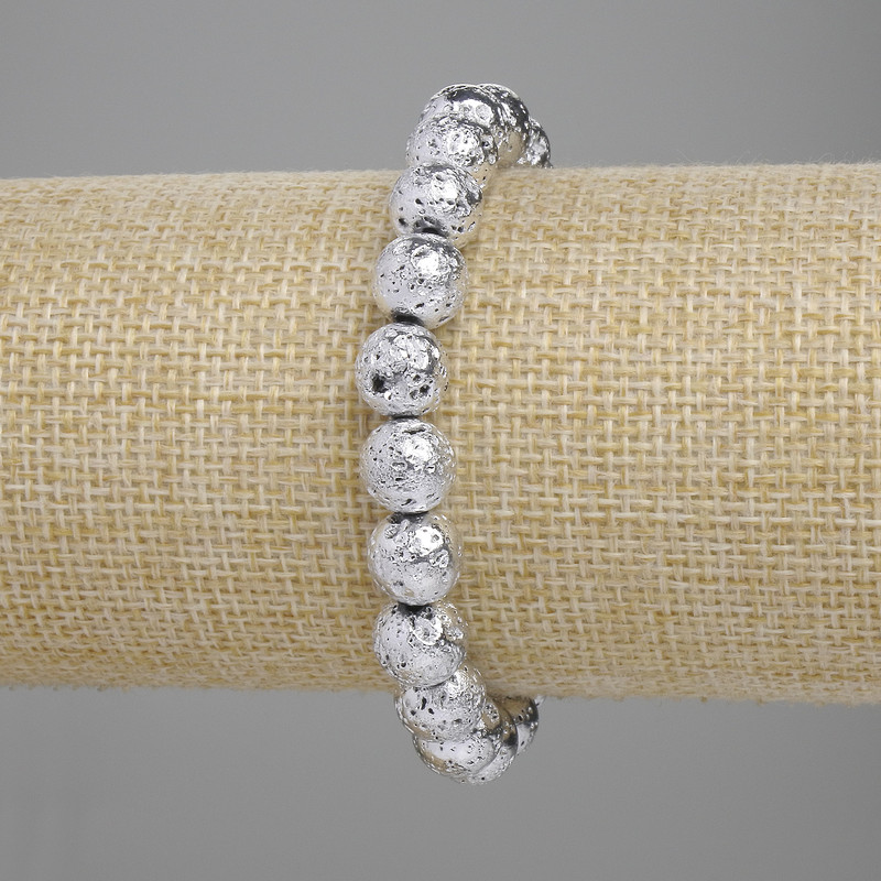 Bracelet Lava with silvered plating, porous beads 8.5mm ±, length 18cm ± stretch