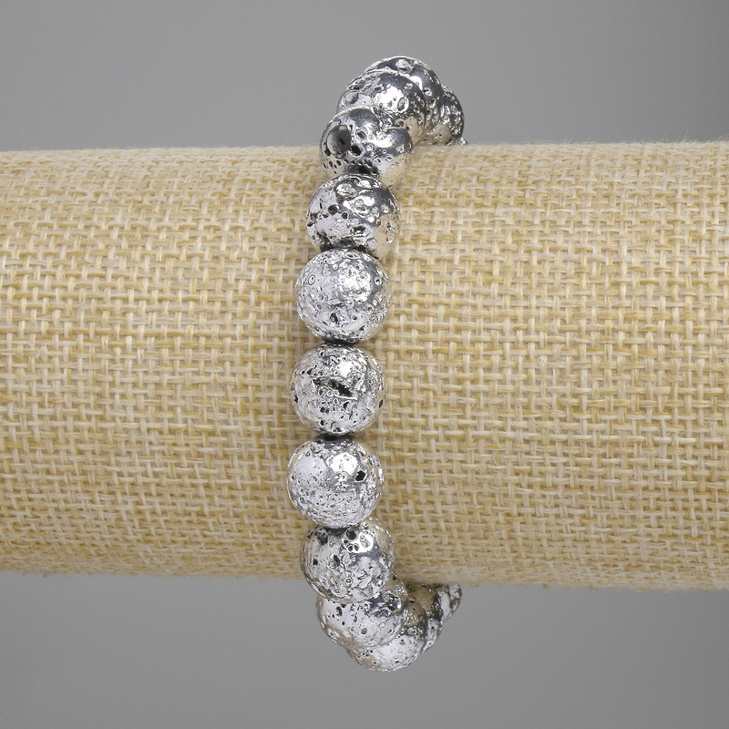 Bracelet Lava with silvered plating porous bead 10.5mm+-, length 18cm+-, stretch