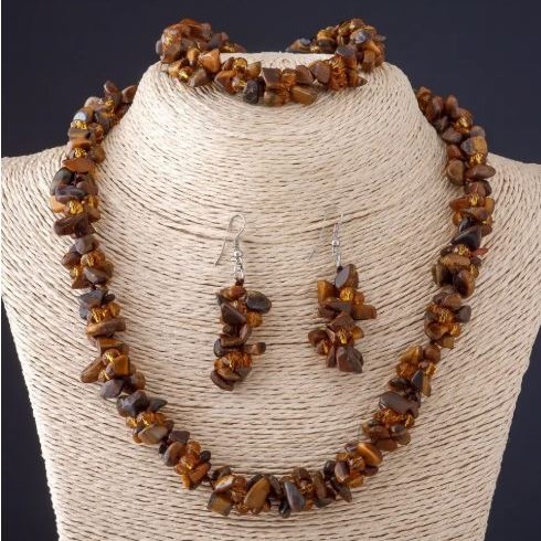 Set Trio Tiger's Eye natural stone "stone shard" necklace+earrings+bracelet