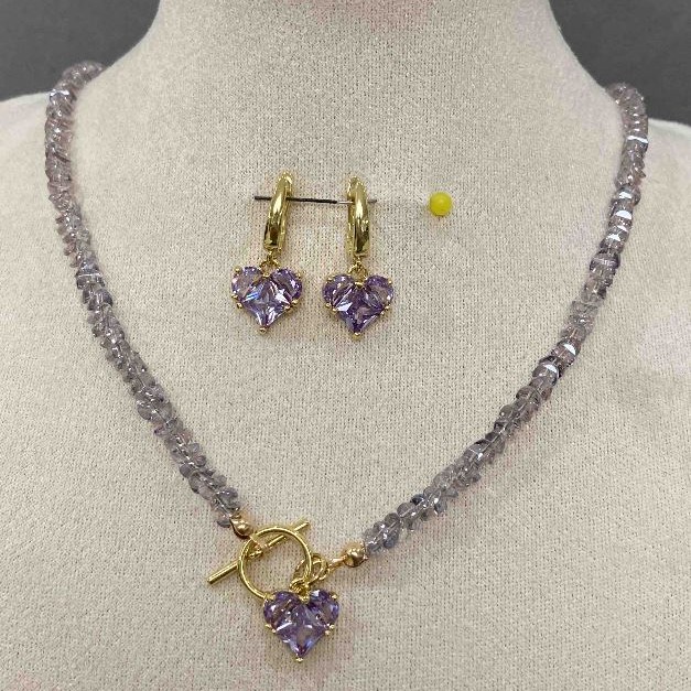 Jewellery Set Earrings, length approx. 24 mm, and Crystal Bead Necklace with 4×2.5 mm beads, adorned with heart pendant 12 mm, length 42 cm, toggle clasp
