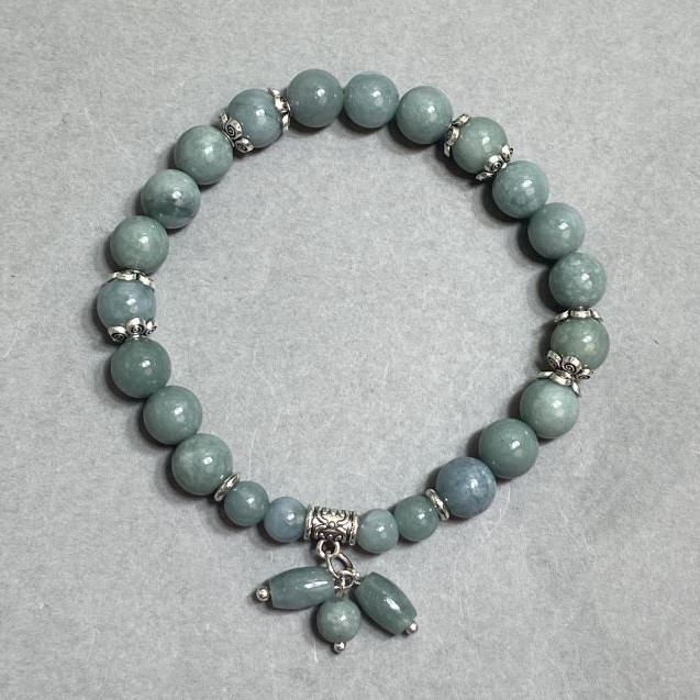 Jadeite Bracelet Smooth Bead 6mm+- 8mm+- with metal inlays, length 18cm+- stretch
