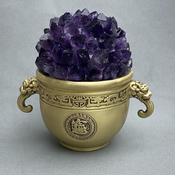 Amethyst Druse in a decorative metal cup with handles in Eastern style 105x70x105mm+