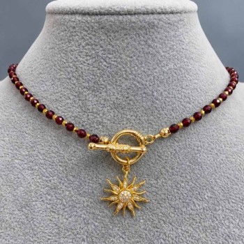 Choker Garnet Faceted Bead 4mm+- Hematite bead 2mm+- with Sun Pendant 20mm+-, length 37cm+- and Toggle Clasp