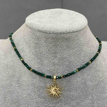 Choker Malachite Faceted Cube 2mm+- Hematite Facet 2mm+- with Sun Pendant 20mm+-, length 36cm + extension Chain
