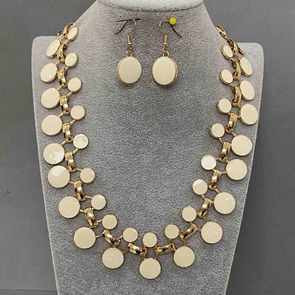 Necklace and Earrings Set with White Enamel, 48 cm long