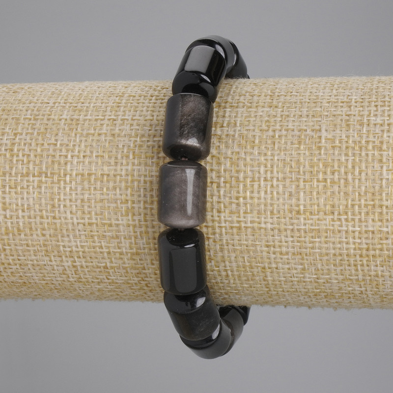 Bracelet Silvered Obsidian Cylinder Beads, diameter 14×10mm, ±, length 18cm ±, stretch