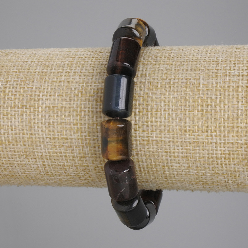Bracelet Tiger's Eye, Bull's Eye and Hawk's Eye Cylindrical Beads, diameter 14×10mm±, length 18cm±, stretch