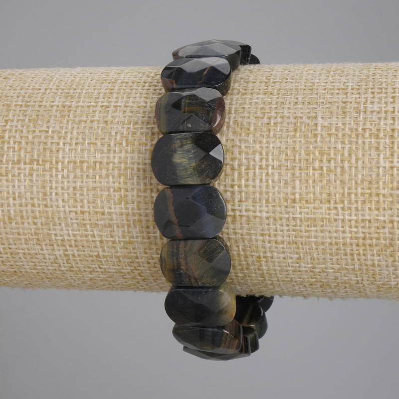 Tiger’s Eye & Hawk’s Eye Faceted Beaded Bracelet, 15×11mm links, 18cm stretchy