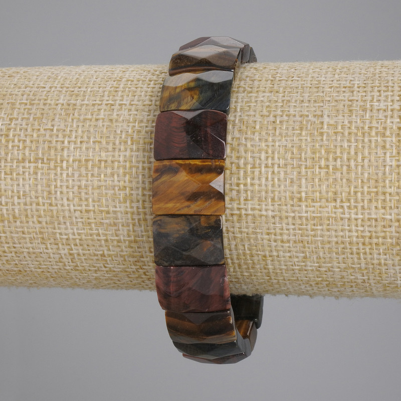 Bracelet Tiger’s Eye, Bull’s Eye and Hawk’s Eye, faceted link, diameter 15×11 mm, +/- long 18 cm, stretch