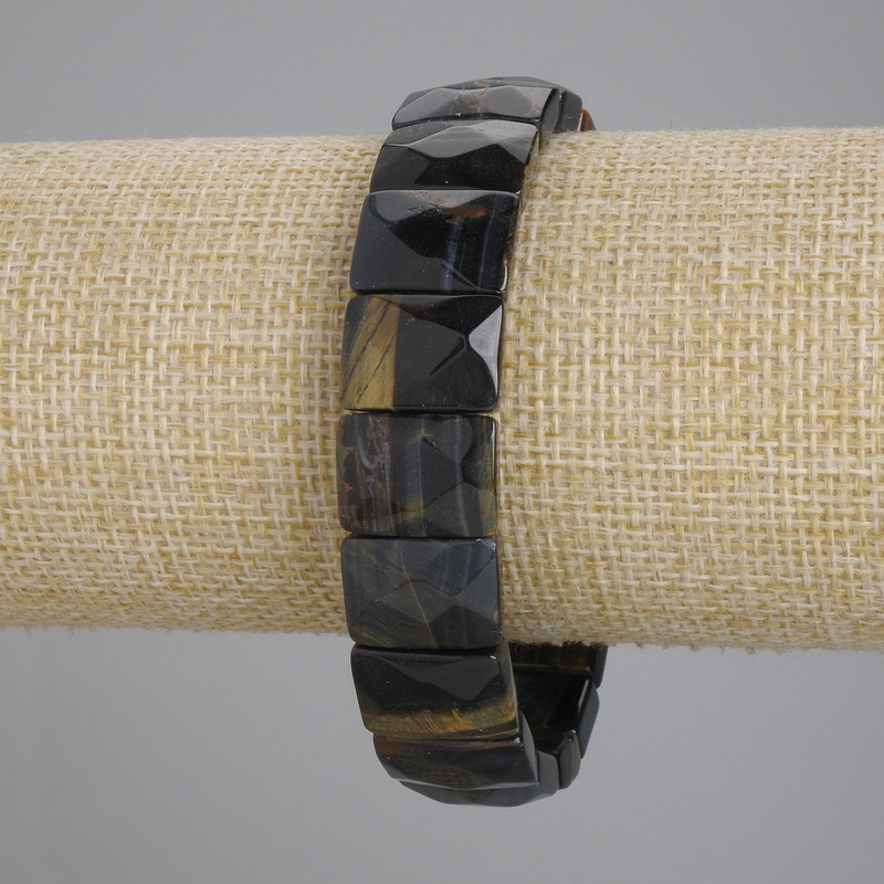 Bracelet Tiger's Eye and Hawk's Eye Faceted Link, Ø 15×11 mm ±, length 18 cm ± Stretch