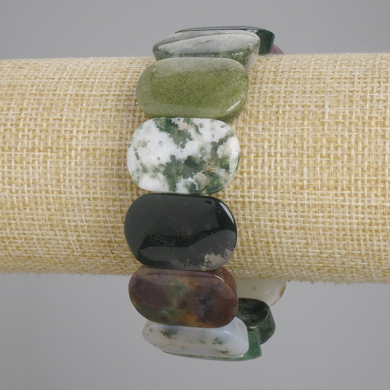 Bracelet Moss Agate linked chain, diameter 24x16mm+-, length 18cm+- stretch
