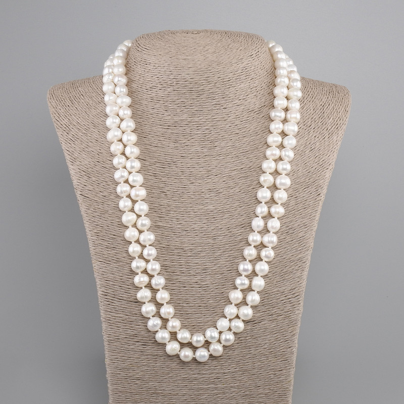 Long Necklace of River Pearls, Oval Freshwater Pearls, diameter 8-10, 5x8, 5-9, 5mm+-, length 120cm+-