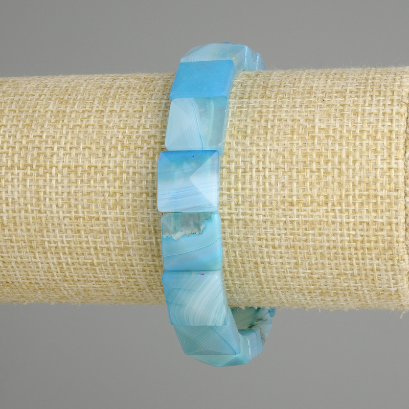 Blue Agate Bracelet, Faceted Square Beads, 12×12 mm, stretchy, 18 cm