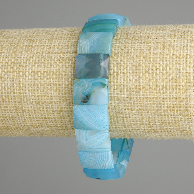 Blue Agate Bracelet, faceted chain link, 15×11mm diameter, stretchy length 18cm±