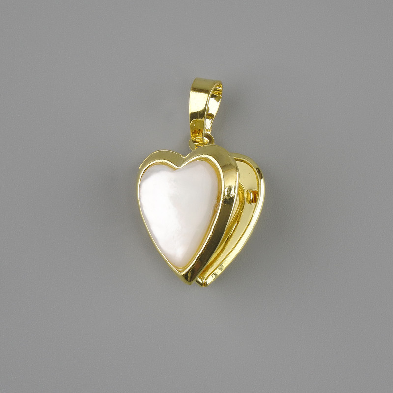 Heart Pendant with Mother-of-P pearl for photo, diameter 17x18mm±, length 28mm±, gold-tone metal