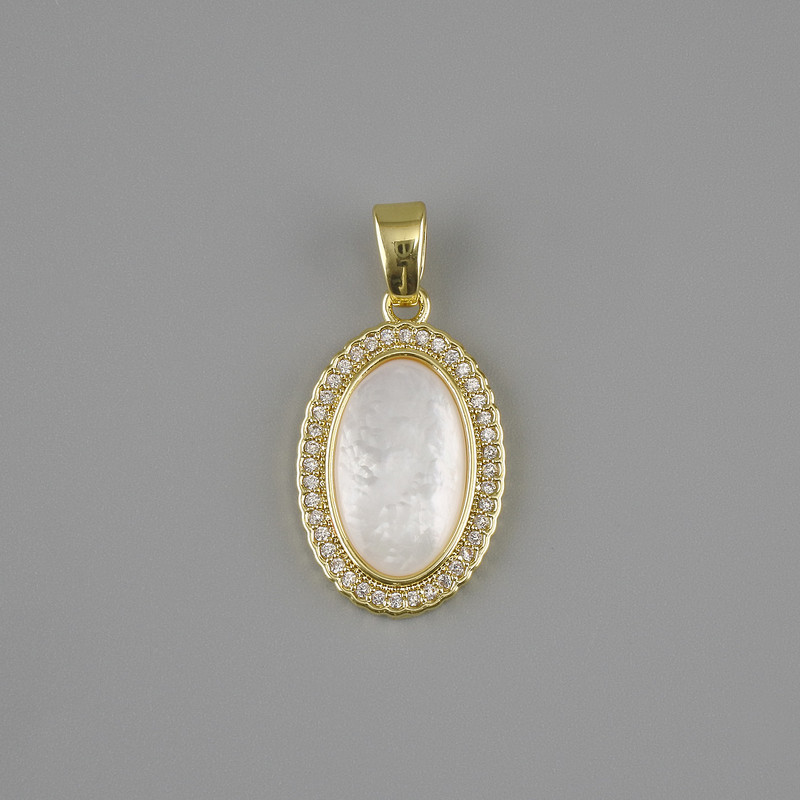 Pendant Mother of Pearl with White Crystals, diameter 21x13mm+-, length 25mm+-, golden metal