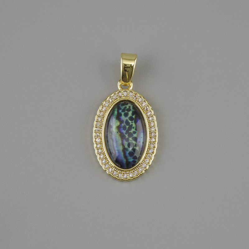Haliotis Pendant with White Crystals, 21×13mm approx. diameter +-, 25mm approx. length, in Gold-toned Metal