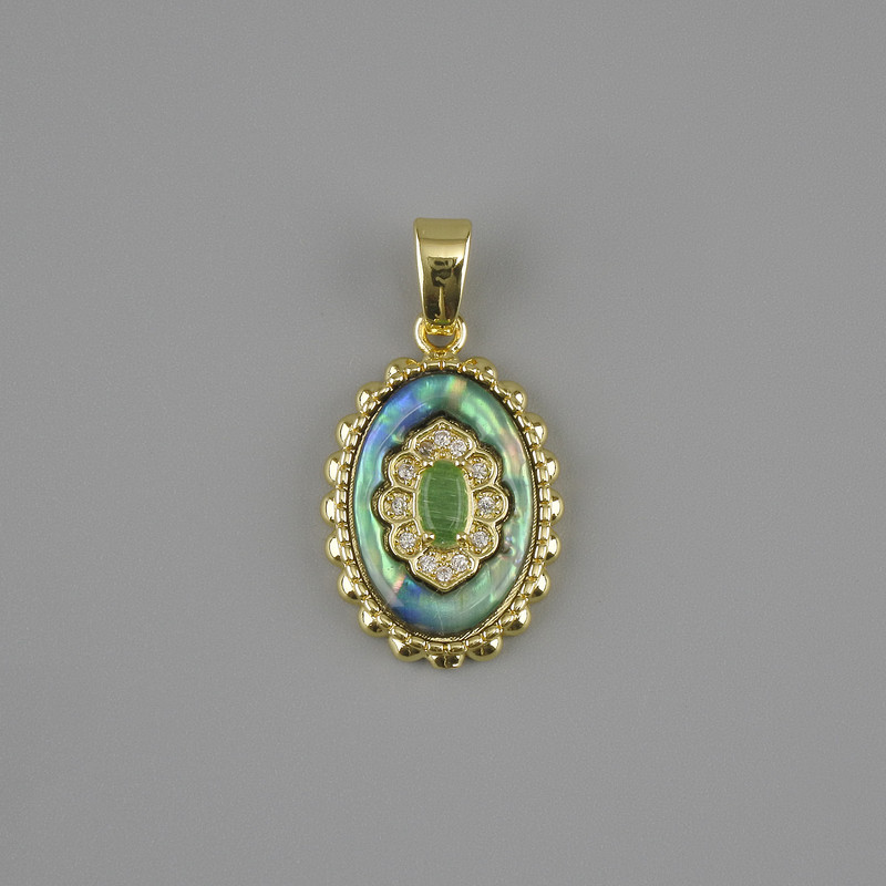 Haliotis Pendant with White Crystals, 21×13mm±, length 27mm±, in Golden Metal