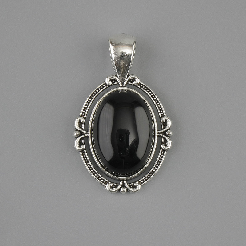 Black Agate Pendant 34x21mm± Silver Metal