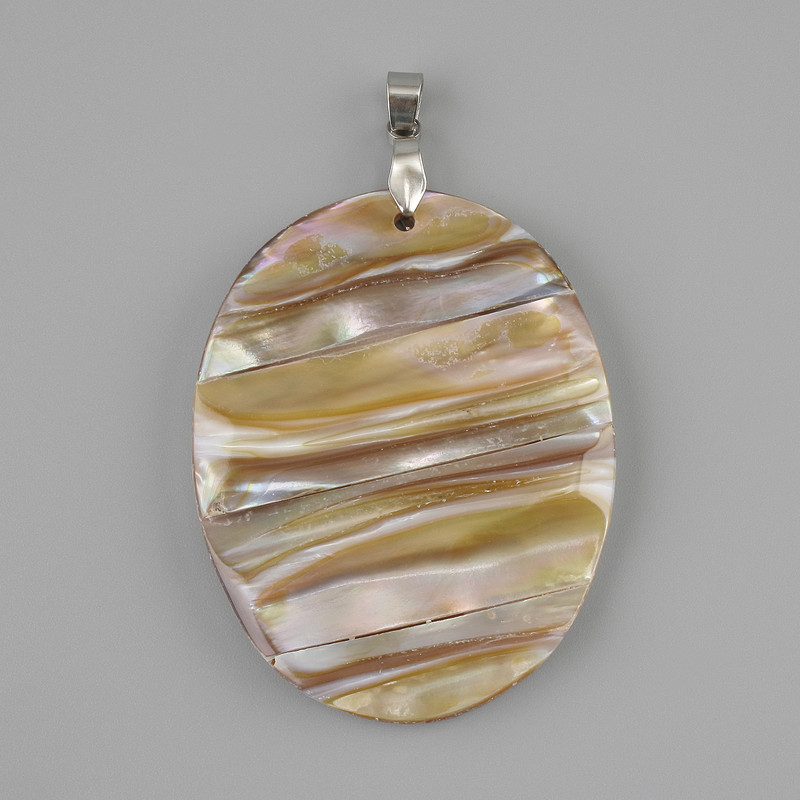 Natural Mother of Pearl Pendant, 53×41mm diameter, approx. 68mm length, silver-coloured metal