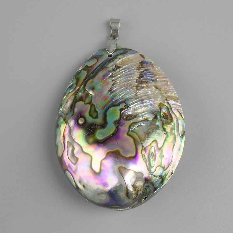 Shell Pendant Haliotis (reverse side Mother-of-P Pearl), diameter 60x41mm±, length 75mm±, silver metal