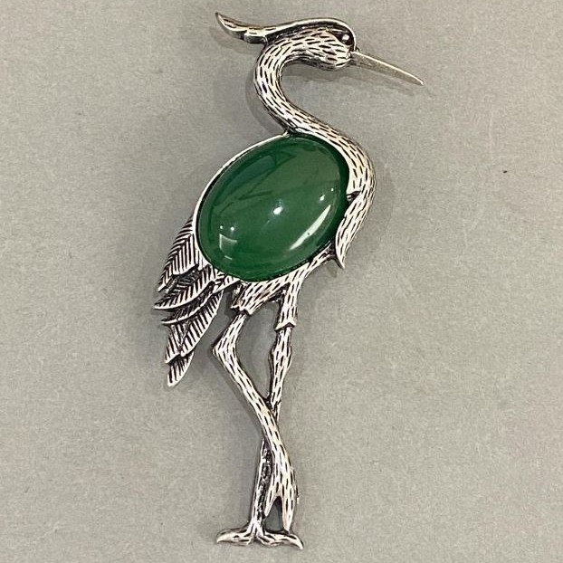 Brooch Pendant Heron Chrysoprase 80×28mm ± Silver Metal