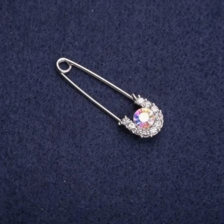 Brooch pin with white rhinestones 37x11mm silver metal